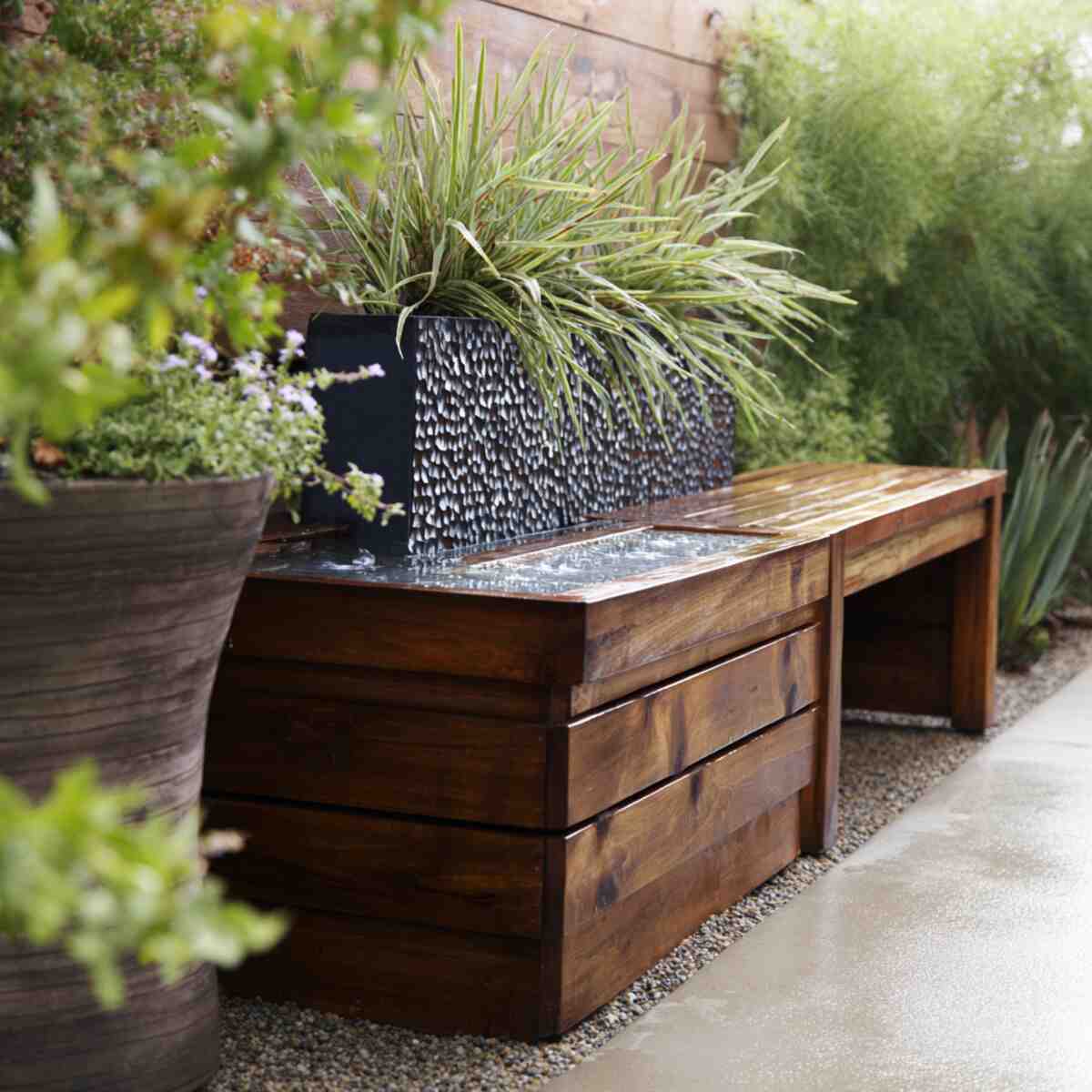 Bench with Water Feature and Planter Box
