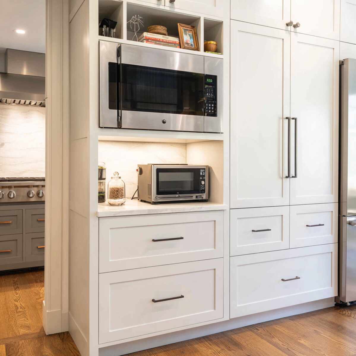 Cabinet with Microwave and Storage Cubbies