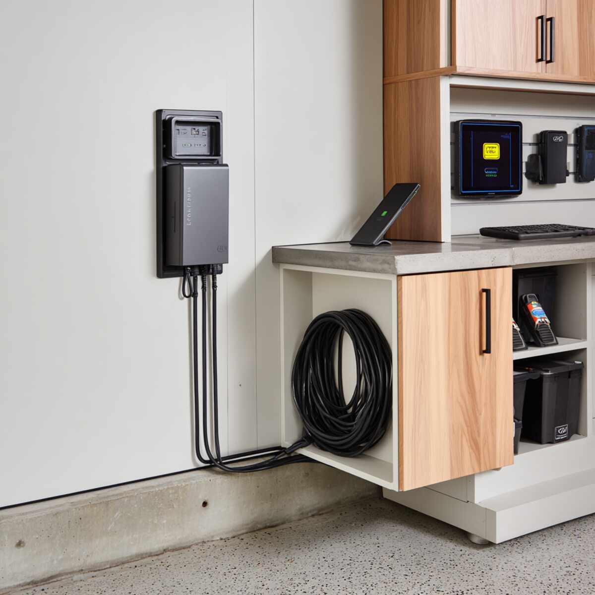 Fold-Down Charging Shelf with Built-In Outlets