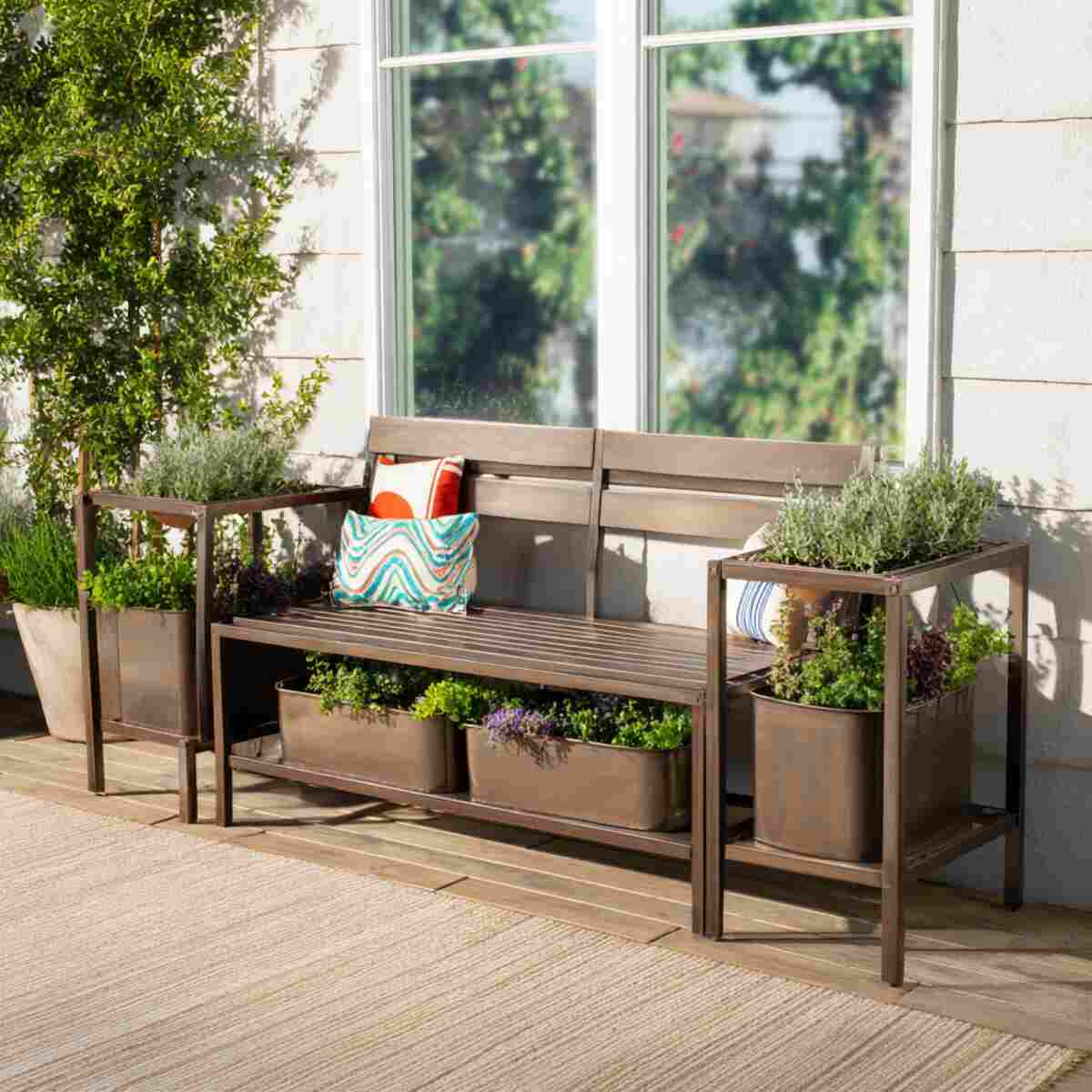 Metal Frame Bench with Side Planter Boxes