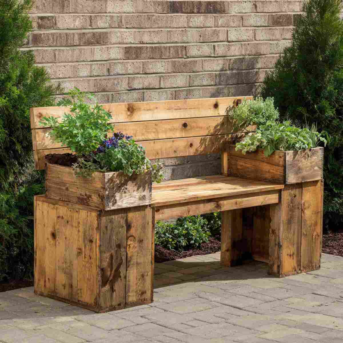 Rustic Pallet Wood Bench with Planters
