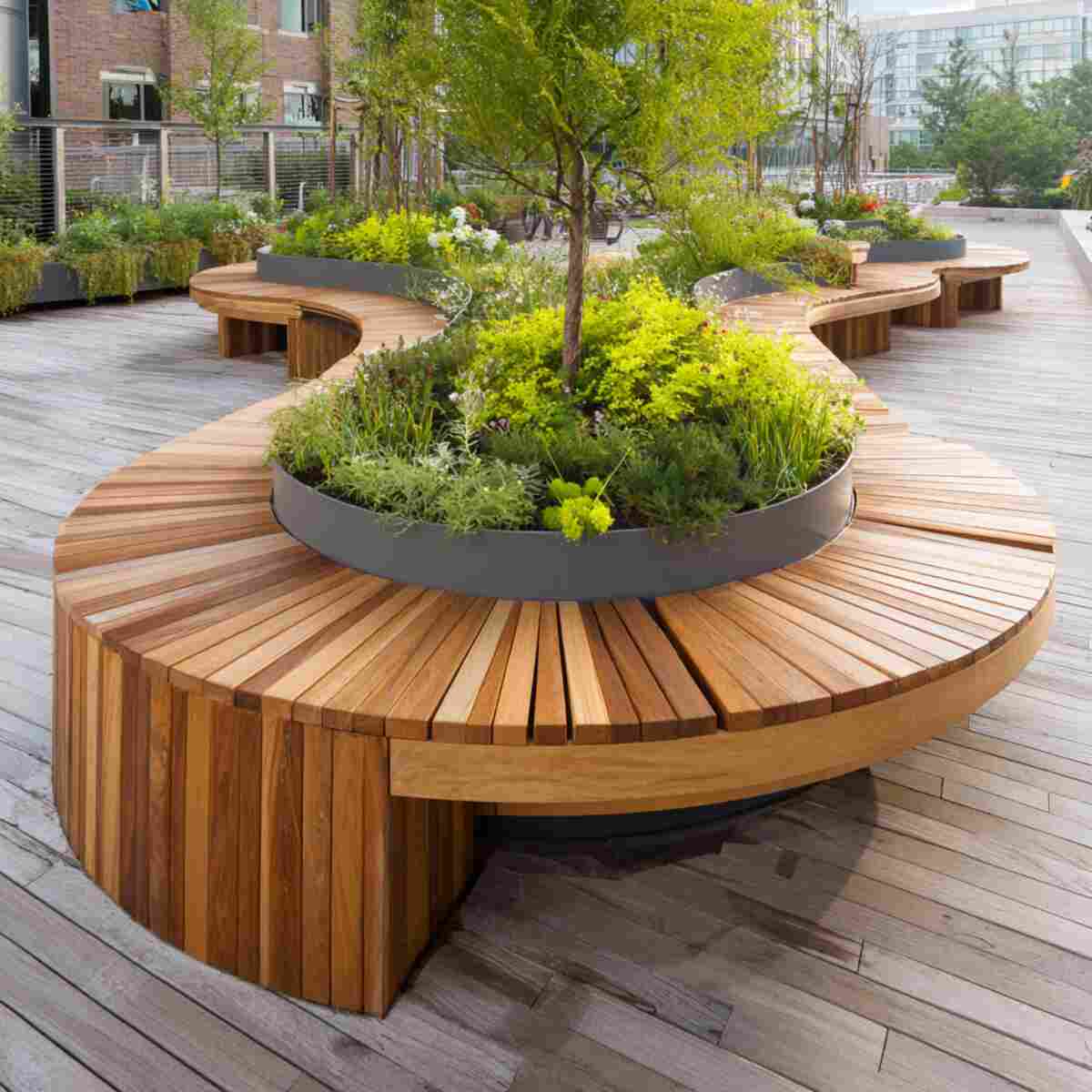 Curved Bench with Circular Planter in Center