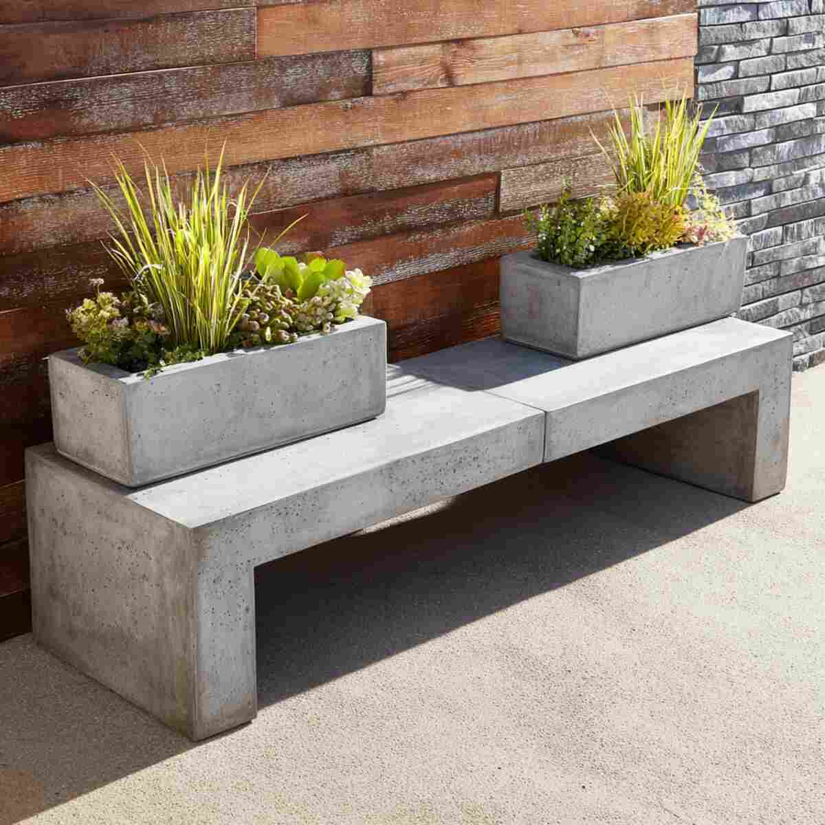 Concrete Bench with Attached Rectangular Planters