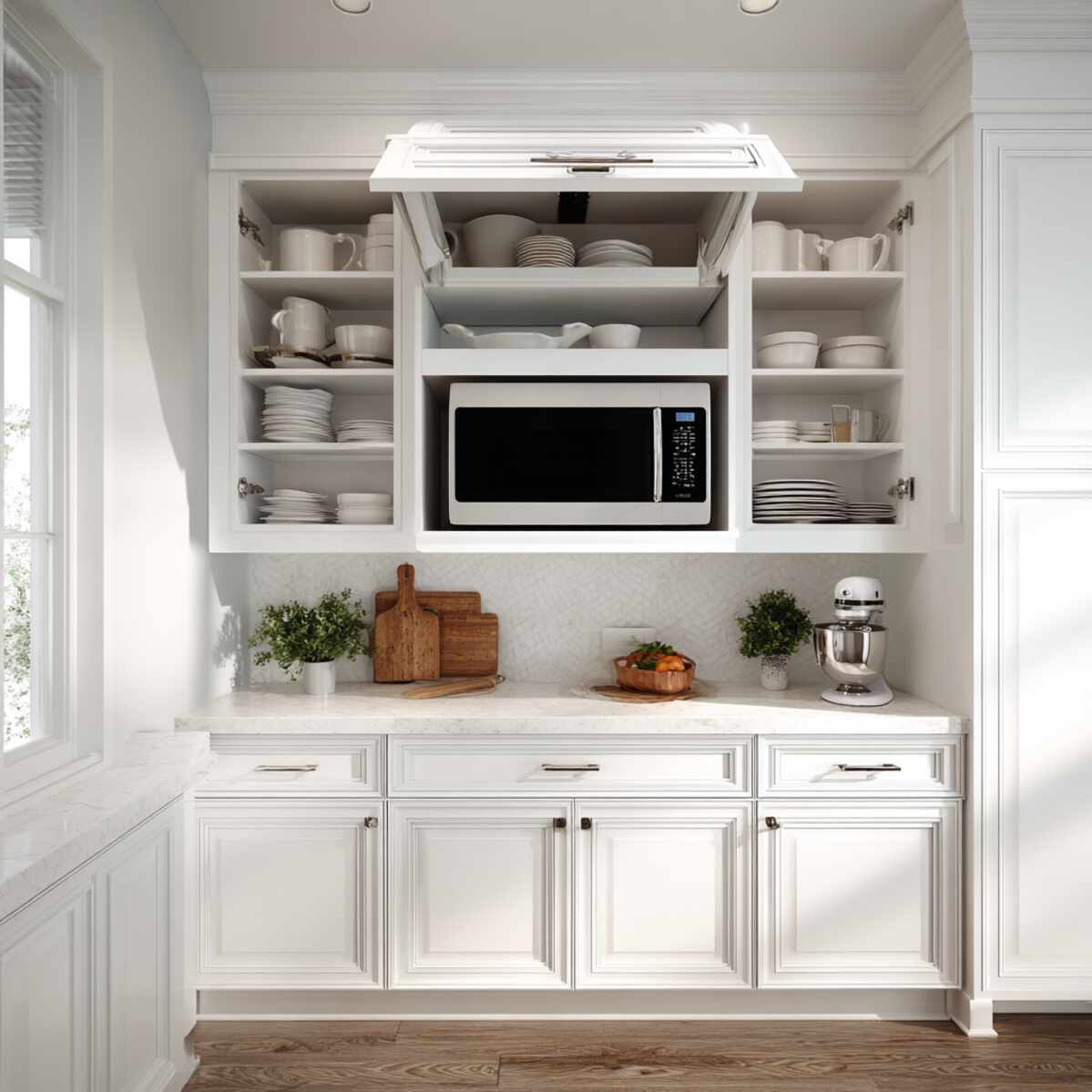 Cabinet with Flip-Up Door Above Microwave