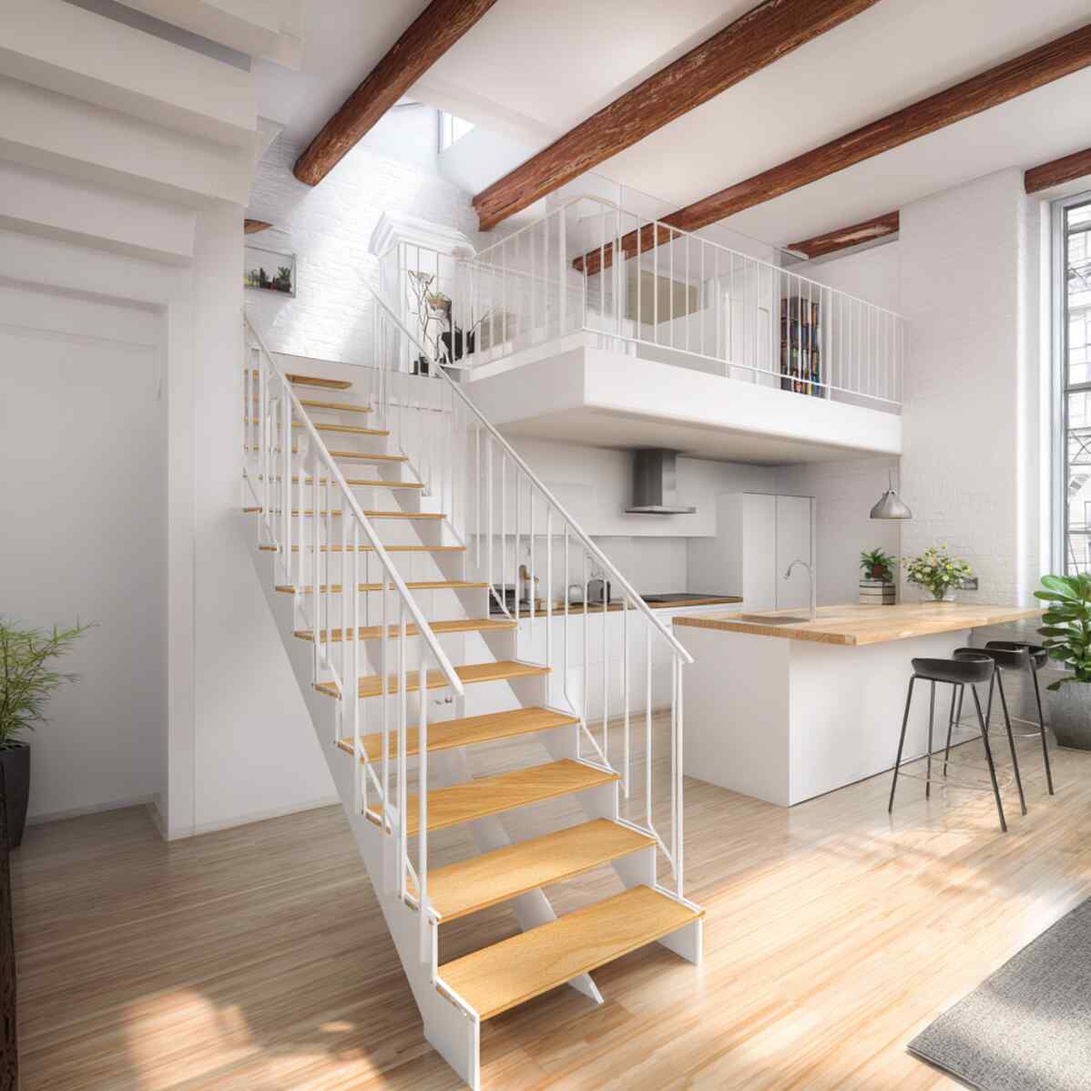 White-Painted Steel with Warm Wood Treads